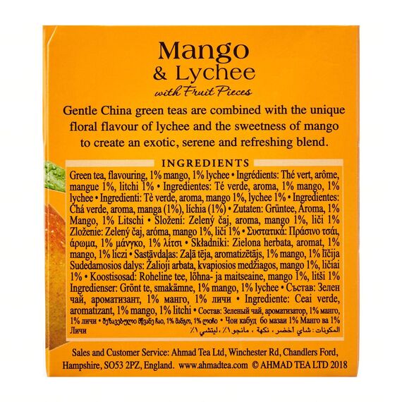 Ahmad Tea - Mango & Lychee - Grüner Tee mit Mango und Litschi - Mit Fruchtstücken - Einzeln Verpackte, Aromaversiegelte Teebeutel mit 2g Tee pro Portion - 20 Teebeutel mit Band (Packung mit 2)