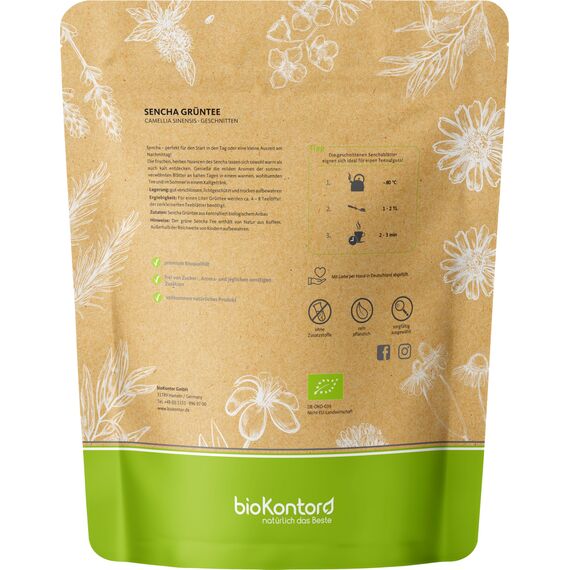 Grüner Sencha Tee BIO 250 g I lose und geschnitten I aromatischer bio Sencha Grüntee I 100% natürlich I bioKontor