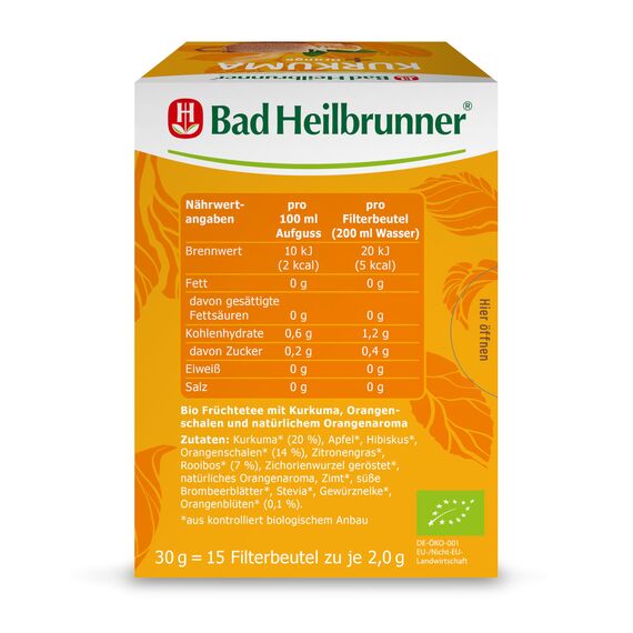 Bad Heilbrunner Kurkuma+ Orange Tee – Bio-Kräutertee mit Kurkuma und Orangenschalen, verfeinert mit Rooibos, (5 x 15 Filterbeutel)