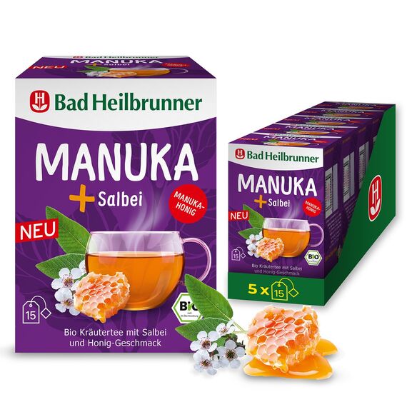 Bad Heilbrunner Bio MANUKA+ Salbei Tee – Bio-Kräutertee mit Manuka-Honig und Salbei, wohltuend für Hals und Rachen, (5 x 15 Filterbeutel)
