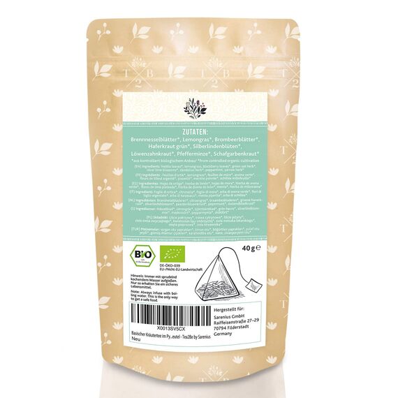Basischer Kräutertee im Pyramiden Teebeutel – Bio-Qualität – zur basischen Ernährung mit Brennnessel, 20 Beutel – Tea2Be by Sarenius
