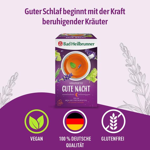 Bad Heilbrunner Gute Nacht Tee - Kräutertee im Filterbeutel - Melisse, Lavendel, Hopfenzapfen - für ein wohliges Einschlafgefühl - bei innerer Unruhe & Einschlafproblemen (5 x 20 Filterbeutel)