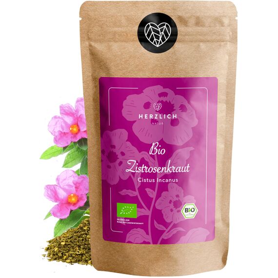 BIO Zistrosenkraut 500g - Cistus Incanus - 100% loses Zistrosenkraut, naturbelassen, geschnitten - Premium Bio-Qualität - per Hand geprüft und abgefüllt in Deutschland | Herzlich Natur