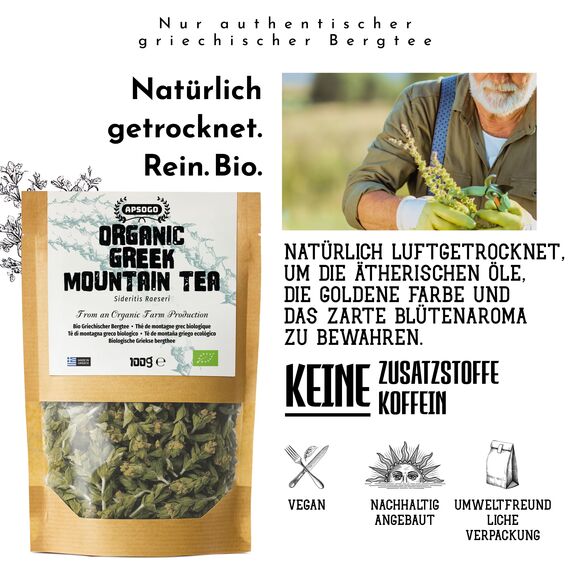 APSOGO Griechischer Bio Bergtee - Sideritis Bergtee aus Griechenland, Premium Qualität & ausgezeichneter Geschmack - 100g