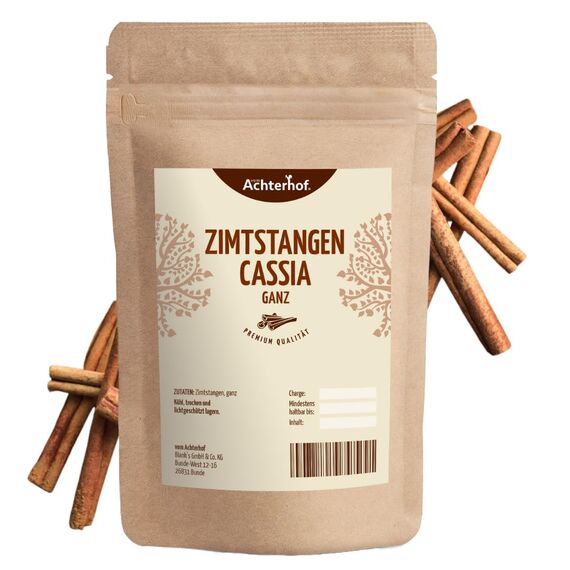 Zimtstangen Cassia 500g | ganze Zimtstangen in gerollter Zimtbaum-Rinde 8cm | für das perfekte Zimt Aroma in Dessertspeisen, Backwaren, Glühwein oder Hauptgerichten | vom Achterhof