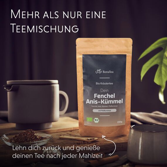 BIO Fenchel-Anis-Kümmel Tee 250g mit einem Hauch Pfefferminzblättern - Hochwertiger loser Kräutertee für Vor und Nach dem Essen
