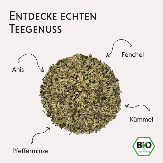BIO Fenchel-Anis-Kümmel Tee 250g mit einem Hauch Pfefferminzblättern - Hochwertiger loser Kräutertee für Vor und Nach dem Essen