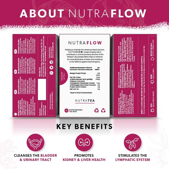 Nutra Tea NUTRAFLOW, Nieren und Blasentee zur Unterstützung bei Blasenentzündung, trägt zur Ausscheidungsfunktion der Nieren bei, 60 wiederverwendbare Teebeutel, Kräutertee mit Cranberry & Acerola