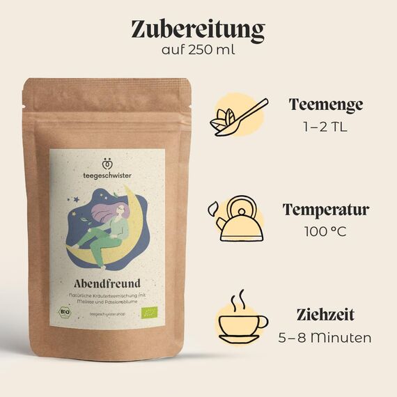 BIO Abendtee | Loser Kräuter-Tee für deine Auszeit am Abend | Natürlicher Melissentee mit Baldrian, Lavendel und Passionsblume | 85g loser Bio Tee | teegeschwister