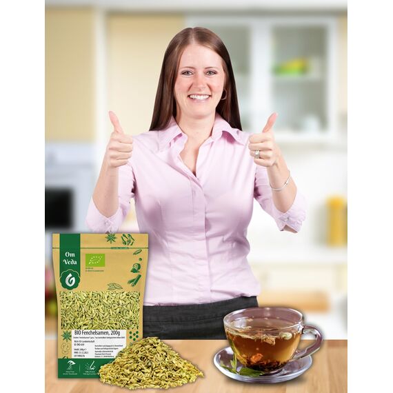 BIO Fenchelsamen 200g Fenchel Gewürz Fenchelsaat Fennel Seeds ganz | BIO-Qualität | Teegewürz Kräutertee Fencheltee | OmVeda Gewürze | Für Küche und Tee