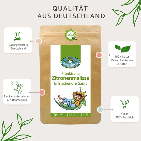 Fränkische Zitronenmelisse 60g - Aromatischer Kräutertee aus deutschem Anbau - Ganze Blätter - Durstlöscher mit Zitronennote - PEPPERMINTMAN