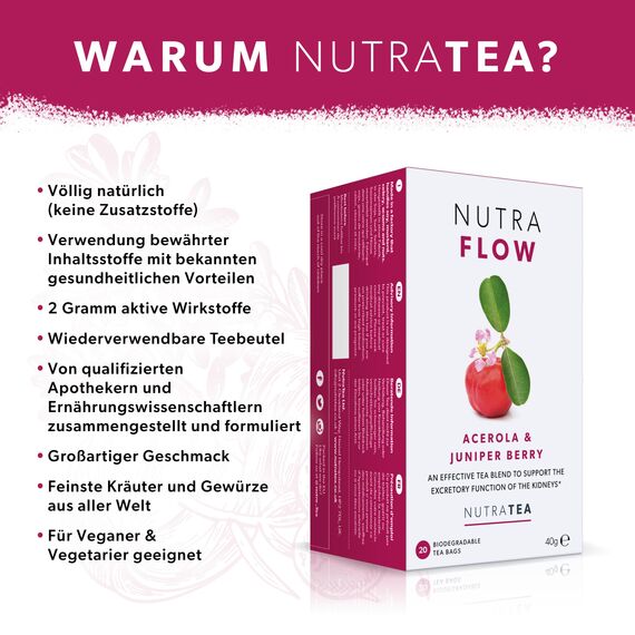 Nutra Tea NUTRAFLOW, Nieren und Blasentee zur Unterstützung bei Blasenentzündung, trägt zur Ausscheidungsfunktion der Nieren bei, 20 wiederverwendbare Teebeutel, Kräutertee mit Cranberry & Acerola