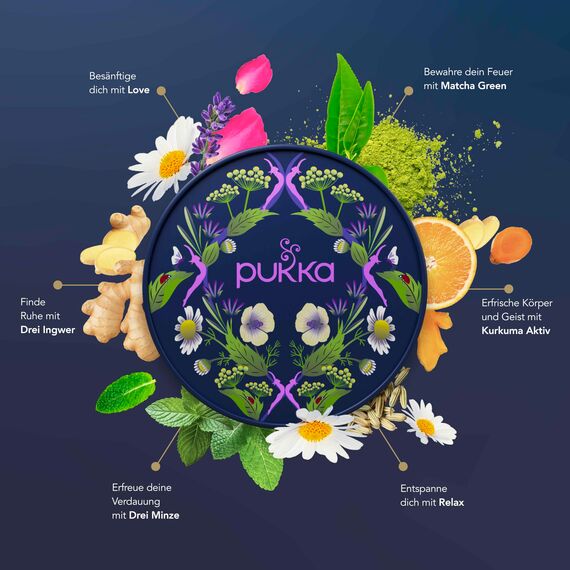 Pukka Tee Geschenkset, Premium Selection Bio Tee Box "Wellness von früh bis spät", Matcha, Kurkuma, Tee Set, Geschenkidee, 6 Varianten,90 Teebeutel