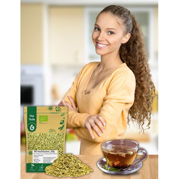 BIO Fenchelsamen 200g Fenchel Gewürz Fenchelsaat Fennel Seeds ganz | BIO-Qualität | Teegewürz Kräutertee Fencheltee | OmVeda Gewürze | Für Küche und Tee