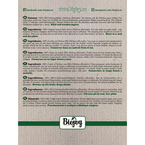 Biojoy BIO-Melissenblätter-Tee (250 g), getrocknet und geschnitten, Melissen-Tee (Melissa officinalis)
