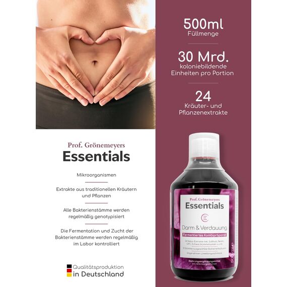 Prof. Grönemeyers Essentials „Darm und Verdauung“ – Darmkur, Darmreinigung & Darmaufbau mit 30 Mrd. Darmbakterien, aus fermentierten Kräutern & Pflanzenextrakten
