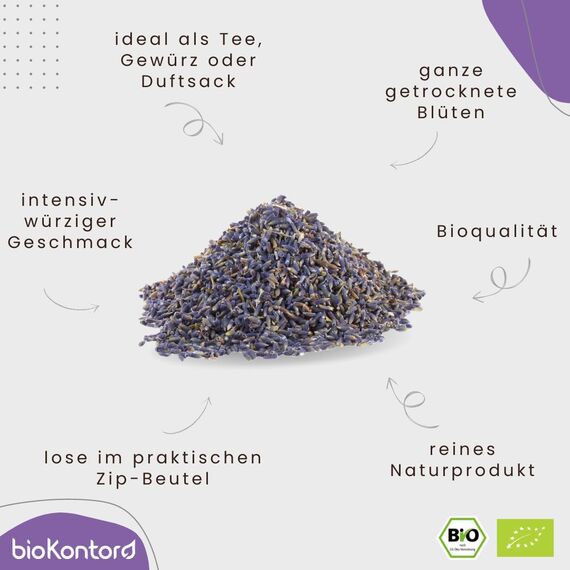 Lavendelblüten getrocknet BIO 100 g I Lavendel 100% natürlich - Lebensmittelqualität I duftintensiv I Gewürz und Lavendeltee I bioKontor