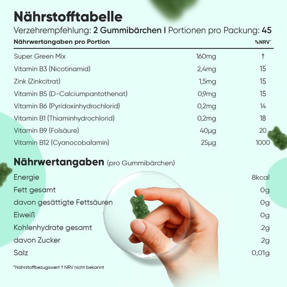 Super Greens Gummibärchen - 90 Vegane Gummibärchen - Mit Vitamin B Komplex & Zink - Natürlicher Heidelbeer- & Himbeergeschmack - Besondere Mischung aus Vitaminen und Pflanzenextrakten - WeightWorld