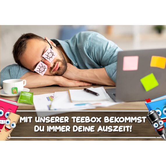 MACH MAL PAUSE® Tee Box - lustiges Tee-Set mit 6 leckeren Teesorten - Geschenk für Kollegin Kollegen Chef - Teespender mit 30 Teebeuteln - Geschenkset Büro - Wellness Anti-Stress Tee - Geburtstag