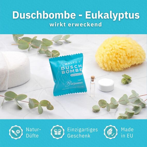 WALTZ 7 Eukalyptus Duschbomben 6er Set, Badebomben Alternative, Entspannungsset, ätherische Öle, Aromatherapie, Zusatz Dampfdusche, Erkältungsdusche für Zuhause, Geschenk Mitbringsel