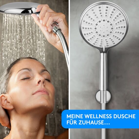 Lyvanas - TESTSIEGER - Duschkopf mit Schlauch und Halterung - Brausekopf für Dusche & Badewanne in extra gross (Ø15cm) - Wellness Regendusche mit 5 Strahlarten (Premium Set 2025)