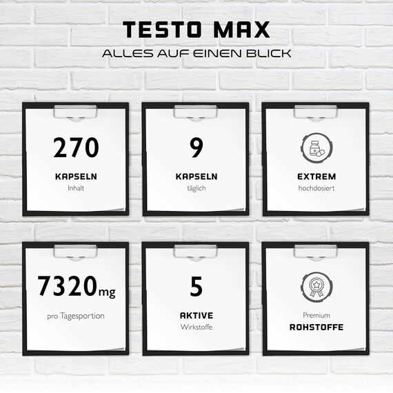 Testo MAX - 270 Kapseln - Extra stark: Hochdosiert mit 7320 mg pro Tagesportion - Mit Aminosäuren + Pflanzenextrakten - Tribulus + Maca-Extrakt + Boron + D-Asparaginsäure - Vegan