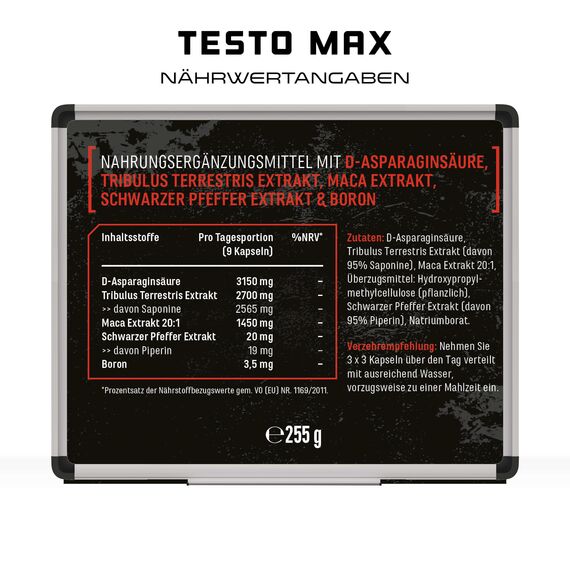 Testo MAX - 270 Kapseln - Extra stark: Hochdosiert mit 7320 mg pro Tagesportion - Mit Aminosäuren + Pflanzenextrakten - Tribulus + Maca-Extrakt + Boron + D-Asparaginsäure - Vegan