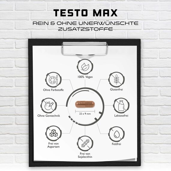 Testo MAX - 270 Kapseln - Extra stark: Hochdosiert mit 7320 mg pro Tagesportion - Mit Aminosäuren + Pflanzenextrakten - Tribulus + Maca-Extrakt + Boron + D-Asparaginsäure - Vegan