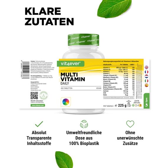 vit4ever Multivitamin Daily - 450 Tabletten mit Bioaktiv-Formen - 15 Monate Vorrat - Wertvolle Mineralien & alle A-Z Vitamine - Vegan