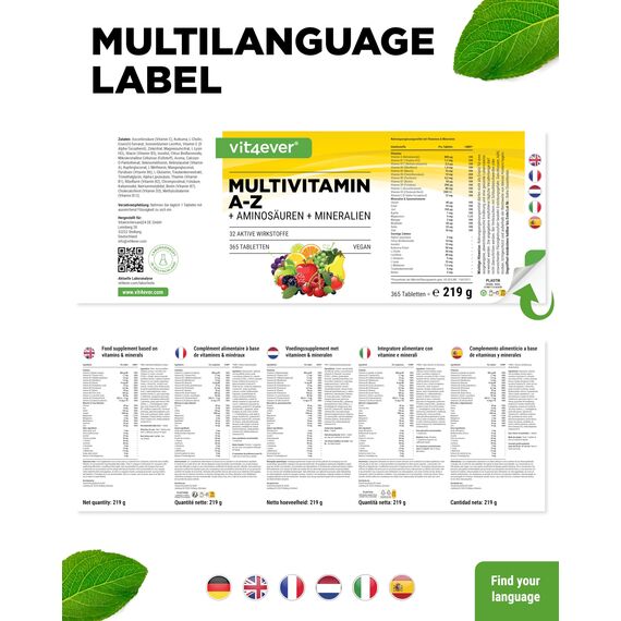 Multivitamin A-Z - 365 Tabletten (12 Monate) - 32 aktive Inhaltsstoffe - Kombination aus Mineralien + Aminosäuren + Spurenelementen + Pflanzenextrakten - Vegan - Hochdosiert
