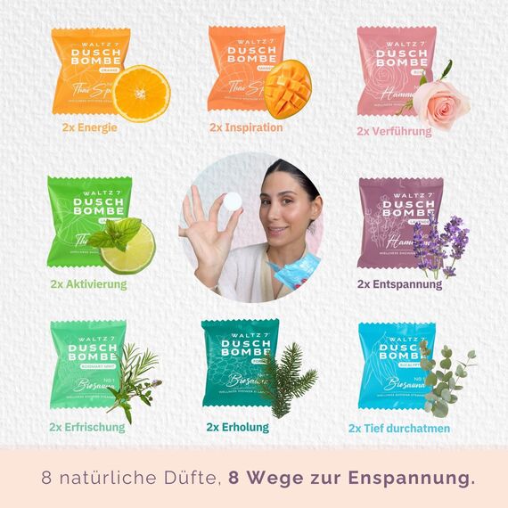 WALTZ 7 Original Duschbomben Set, 16 Stück, 8 Düfte, Weihnachtsgeschenke Frauen, Männer, Wichtelgeschenk, Geburtstagsgeschenk Freundin, Mama, Papa, Mitbringsel Kleinigkeiten, Dankeschön Geschenk Idee