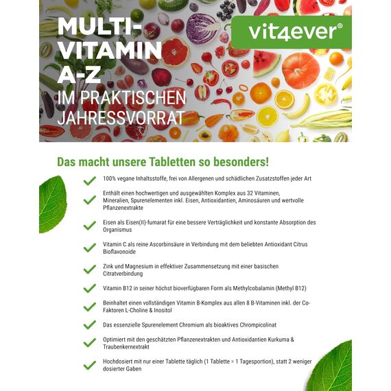 Multivitamin A-Z - 365 Tabletten (12 Monate) - 32 aktive Inhaltsstoffe - Kombination aus Mineralien + Aminosäuren + Spurenelementen + Pflanzenextrakten - Vegan - Hochdosiert