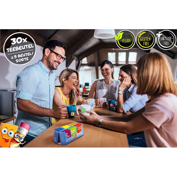 MACH MAL PAUSE® Tee Box - lustiges Tee-Set mit 6 leckeren Teesorten - Geschenk für Kollegin Kollegen Chef - Teespender mit 30 Teebeuteln - Geschenkset Büro - Wellness Anti-Stress Tee - Geburtstag