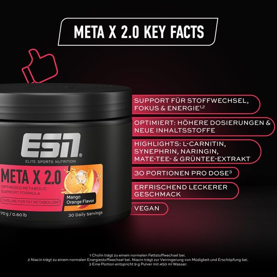 ESN Meta X 2.0, 270 g, 30 Portionen, mit Pflanzenextrakten, Glycin, Cholin, Niacin, Selen und Koffein, zur Anregung des Stoffwechsels und Fettverbrennung, made in Germany
