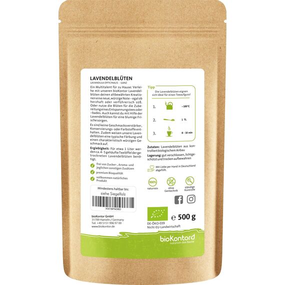 Lavendelblüten getrocknet BIO 500 g I Lavendel 100% natürlich - Lebensmittelqualität I duftintensiv I Gewürz und Lavendeltee I bioKontor