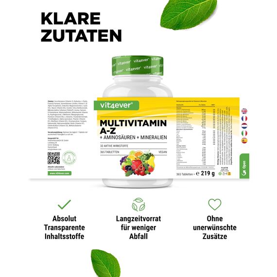 Multivitamin A-Z - 365 Tabletten (12 Monate) - 32 aktive Inhaltsstoffe - Kombination aus Mineralien + Aminosäuren + Spurenelementen + Pflanzenextrakten - Vegan - Hochdosiert