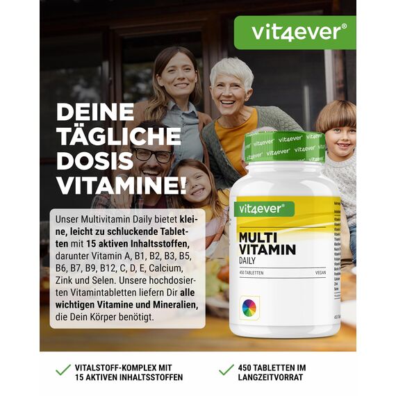 vit4ever Multivitamin Daily - 450 Tabletten mit Bioaktiv-Formen - 15 Monate Vorrat - Wertvolle Mineralien & alle A-Z Vitamine - Vegan
