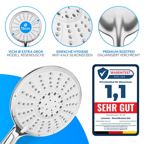 Lyvanas - TESTSIEGER - Duschkopf mit Schlauch und Halterung - Brausekopf für Dusche & Badewanne in extra gross (Ø15cm) - Wellness Regendusche mit 5 Strahlarten (Premium Set 2025)