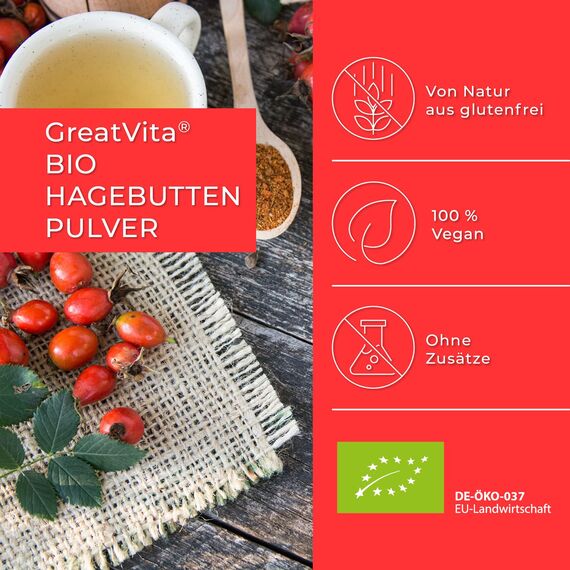 GreatVita Bio Hagebuttenpulver 400g | ganze Hagebutte gemahlen | 100% naturreines Hagebutten Pulver aus kontrolliert biologischem Anbau ®