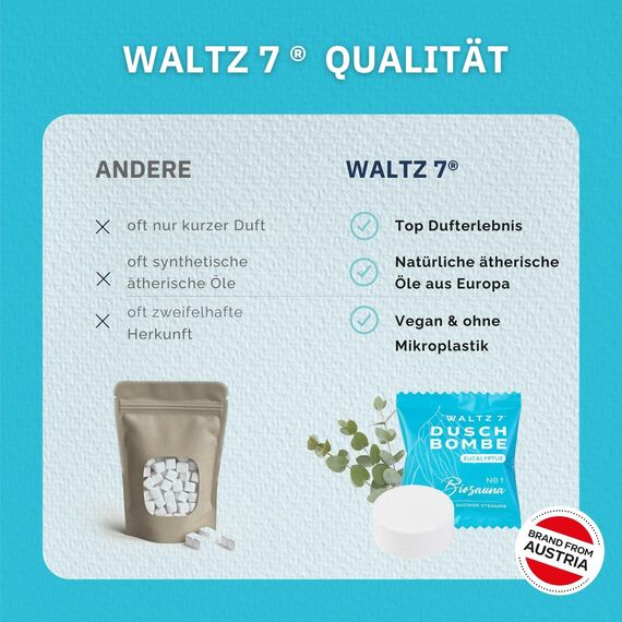 WALTZ 7 Eukalyptus Duschbomben 6er Set, Badebomben Alternative, Entspannungsset, ätherische Öle, Aromatherapie, Zusatz Dampfdusche, Erkältungsdusche für Zuhause, Geschenk Mitbringsel