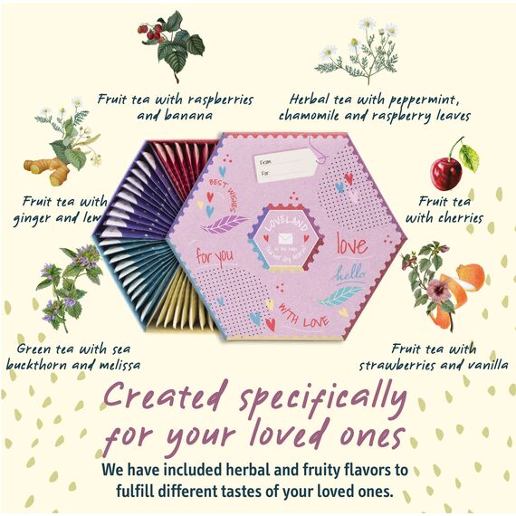 ACORUS | Liebeland Tee set - Natürliche Teeauswahl box mit 6 Geschmacksrichtungen | Rücksichtsvolles Geschenk für Geburtstage | Tee Geschenkset | Große Teebox mit 60 Kräuter Teebeuteln