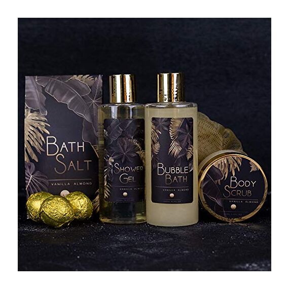 Accentra - Geschenkset Frauen Vanille-Mandelduft - Luxury Beauty Set mit Duschgel, Badesalz, Bodylotion, Scrub & Netzschwamm etc. – 9-Teiliges Bade Set für Frauen mit Glitzer Keramik-Stiletto