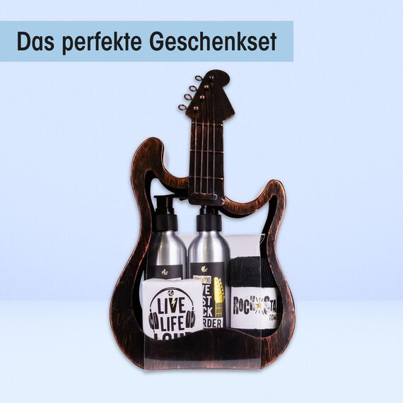 Accentra Geschenkset ROCKSTAR, Pflegeset in Metall Gitarre in braun mit Duschgel, Shampoo, Seife und Handtuch, als besondere rockige Geschenkidee für Geburtstag, Vatertag, Muttertag und Weihnachten
