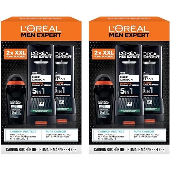 L'Oréal Men Expert Geschenkset für Männer mit 5-in-1 Deodorant und XXL 5in1 Duschgel für Haar, Körper und Gesicht, Vorteilspack mit Carbon Protect Deoroller und Pure Carbon Bodywash, 3-teilig