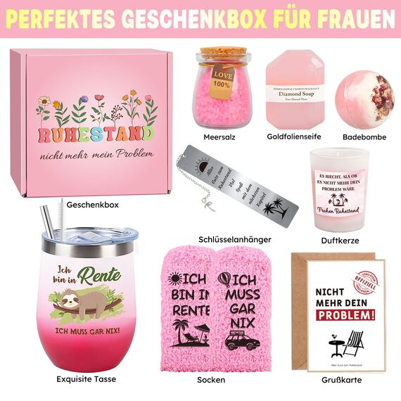 Giftota Ruhestand Geschenk Box Frauen, Renteneintritt Geschenk Frau Abschied Kollegen, Rosa Thermobecher Wellness Geschenkbox, Lustige Socken Ruhestand Rente, Abschiedsgeschenk Kollegin Kollege