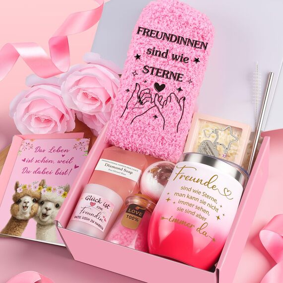 Giftota Geschenke für Frauen, Beste Freundin Weihnachtsgeschenke für Frauen Geschenk Beste Freundin Geburtstag Geschenkset für Frau, Rosa Thermobecher Geschenkbox Freundinnen, Wellness Geschenkset