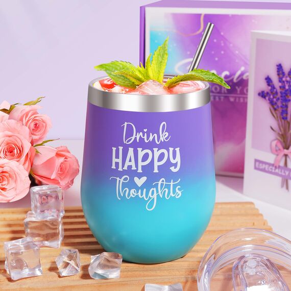 MUJUZE Geschenke für Frauen,Drink Happy Thoughts-Positive Geschenk Frau,Weinbecher Geschenkset Geburtstag Frauen,Wellness Geschenkkorb für Beste Freundin,Schwester,Damen Geschenk,Gifts for Women