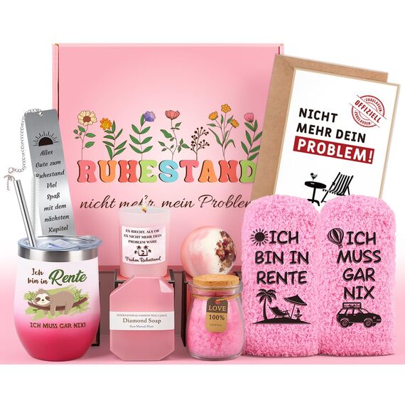 Giftota Ruhestand Geschenk Box Frauen, Renteneintritt Geschenk Frau Abschied Kollegen, Rosa Thermobecher Wellness Geschenkbox, Lustige Socken Ruhestand Rente, Abschiedsgeschenk Kollegin Kollege