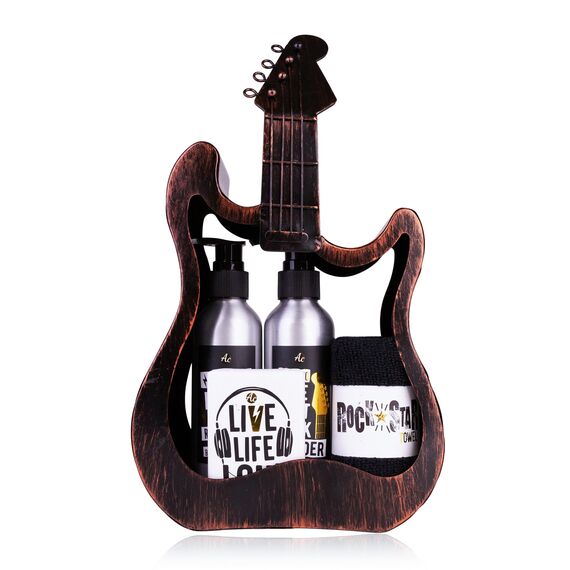 Accentra Geschenkset ROCKSTAR, Pflegeset in Metall Gitarre in braun mit Duschgel, Shampoo, Seife und Handtuch, als besondere rockige Geschenkidee für Geburtstag, Vatertag, Muttertag und Weihnachten