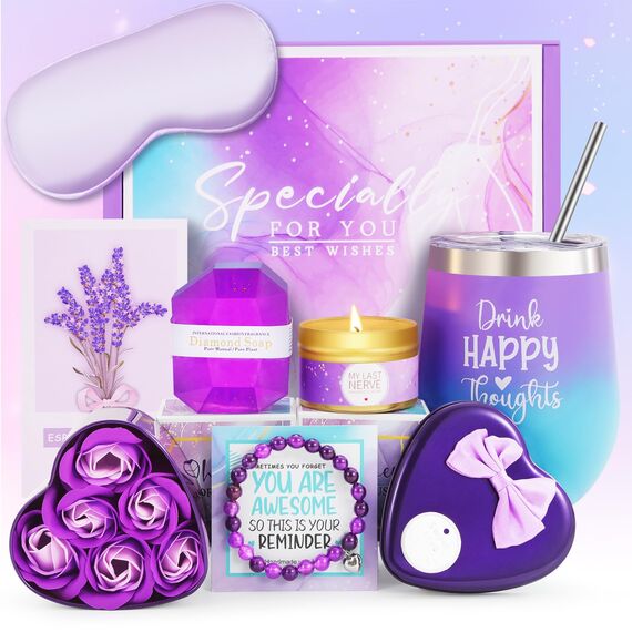 MUJUZE Geschenke für Frauen,Drink Happy Thoughts-Positive Geschenk Frau,Weinbecher Geschenkset Geburtstag Frauen,Wellness Geschenkkorb für Beste Freundin,Schwester,Damen Geschenk,Gifts for Women